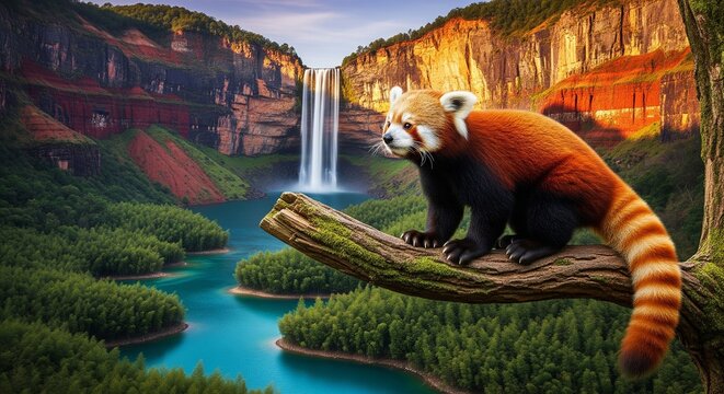 A red panda sitting on a mossy tree branch overlooking a beautiful deep valley with a turquoise river and a tall, powerful waterfall