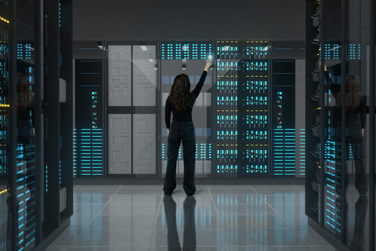 Cybersecurity operator managing digital systems in a 3D server room