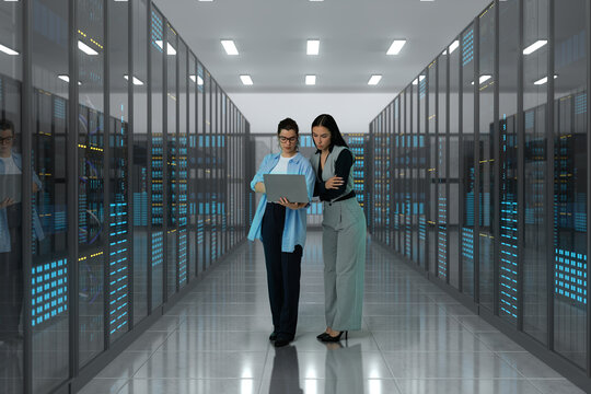 Technology specialists analyzing network operations inside a 3D data center