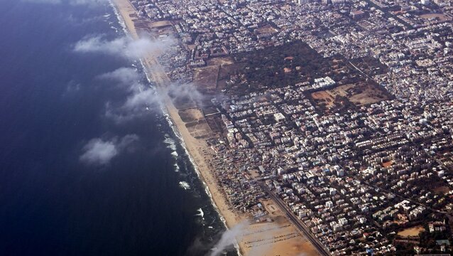 aerial view of the chennai city and marina sand beach