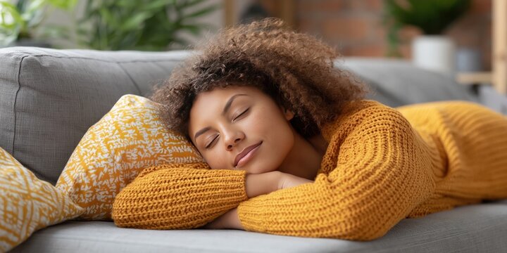 Woman taking nap on couch - modern female model relaxing on sofa in living room at home