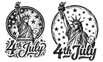 Vintage independence day emblems with statue of liberty and july 4th text © FatemaChowdury