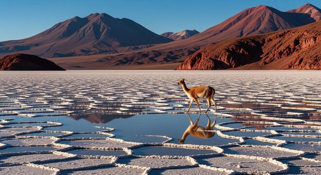 Wild Guanaco Walking on a Salt Flat with Mountain Background