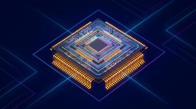 3d illustration of a futuristic microchip processor with glowing circuits on blue background