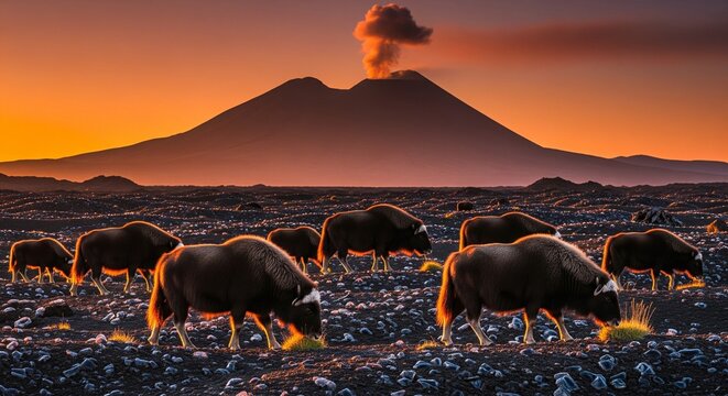 A herd of muskoxen grazing on a rocky, dark volcanic field at sunset, with a massive smoking volcano peak in the background under a glowing orange sky.