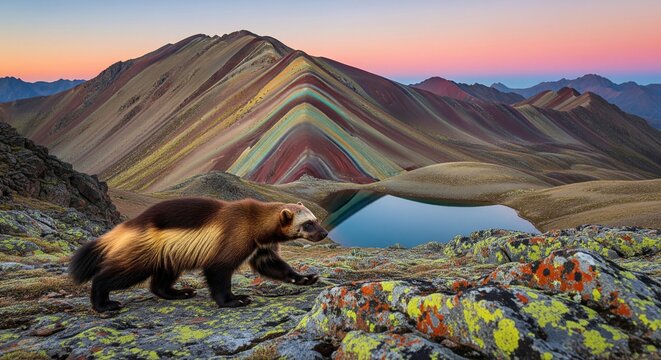 A furry wolverine walking over mossy rocks in the high mountains, with a deep blue lake below and a famous multi-colored striped mountain peak rising under a colorful pink