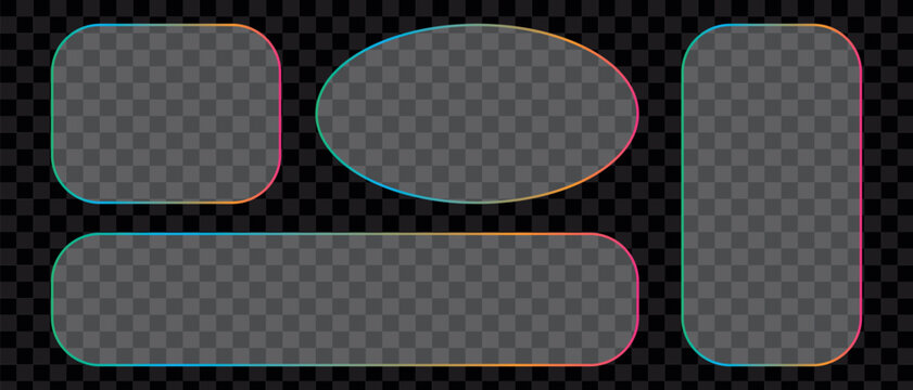 Liquid glass frames and buttons set transparent. Rounded square and circle elements with a glow stroke.