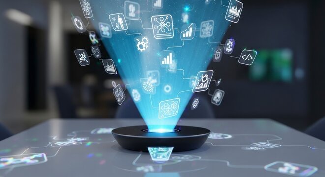 Abstract futuristic display with digital icons and data projections on a table