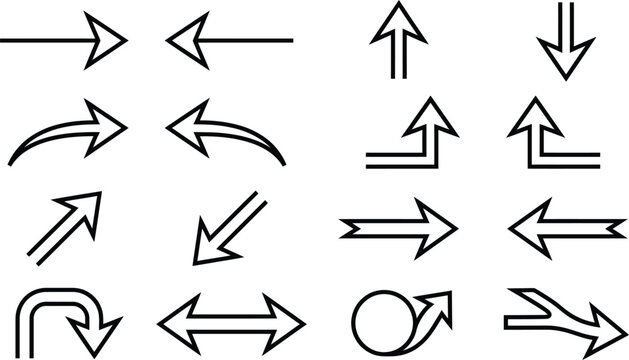 Set of black outline arrow icons pointing in different directions, isolated on white background