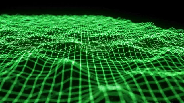 A futuristic green grid pattern stretches across a dark background in a technology concept scene
