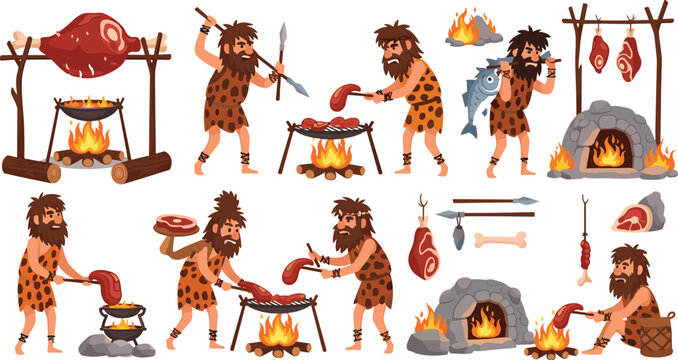 Prehistoric caveman cooking meat on fire, hunting and grilling food with stone tools, primitive camp illustration vector set