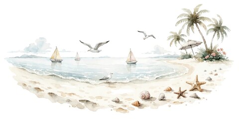 Fototapeta premium Tropical Beach Paradise with Seagulls and Seashells in Watercolor Style