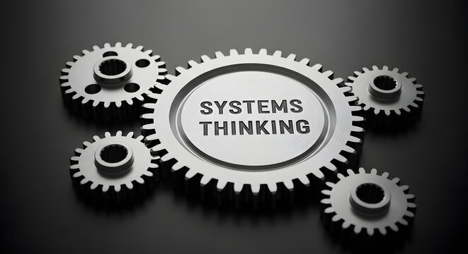 Interconnected gears forming systems thinking concept on dark reflective surface with metallic texture