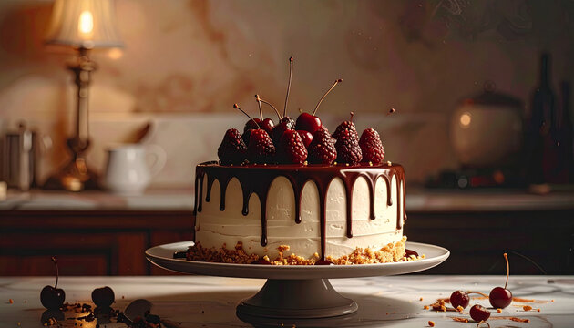 Chocolate drizzled cake topped with berries