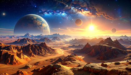 Exoplanet landscape with mountains and stars