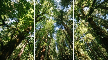 Fototapeta premium Lush Green Forest Canopy with Sunlight Through Tall Trees in Nature Wilderness