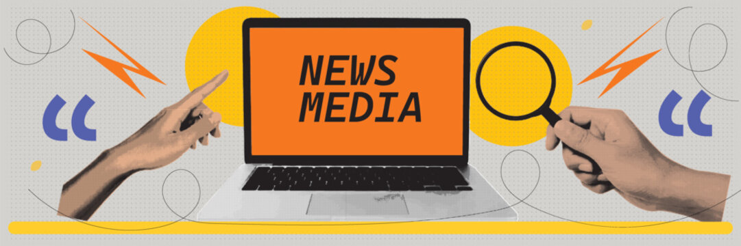 Halftone Collage with Laptop Showing News Media Text. Hand Pointing and Magnifying Glass. Online Communication and Digital Journalism Concept in Retro Pop Art Style