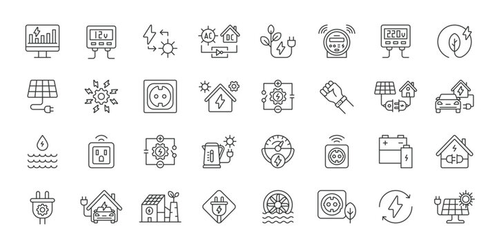 Electricity icons in line design. electricity, power, energy, voltage, electric, lightning, current on white background vector. Electricity editable stroke icon