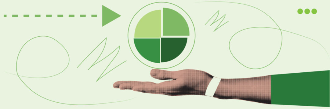 Halftone Collage with Hand Presenting Pie Chart and Growth Symbol. Business Analytics and Financial Statistics Concept in Retro Pop Art Style