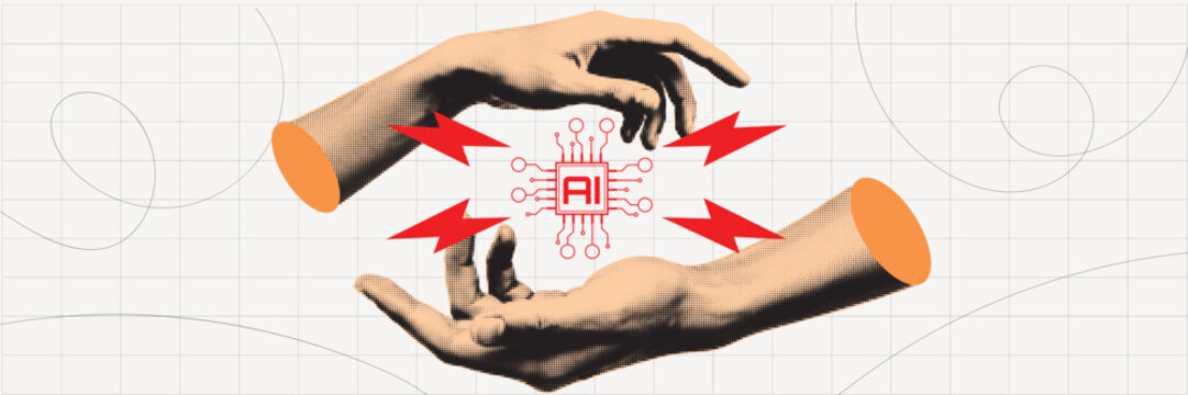 Halftone Collage with Hands Surrounding AI Microchip. Artificial Intelligence Technology and Digital Innovation Concept in Retro Pop Art Style