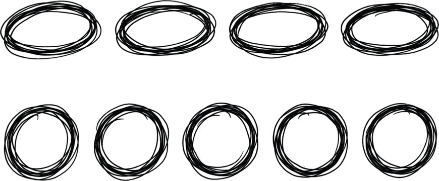 Set of messy hand drawn scribbled circles and ovals for design