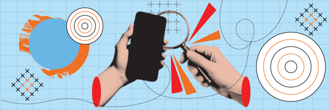 Halftone Collage with Smartphone and Magnifying Glass. Mobile Search and Online Investigation Concept in Retro Pop Art Style