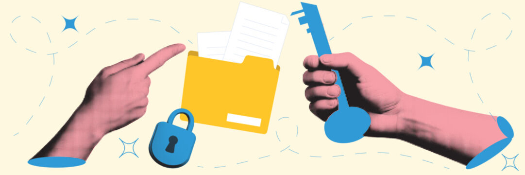 Halftone Collage with Hand Holding Key and Secure File Folder. Data Protection and Document Security Concept in Retro Pop Art Style