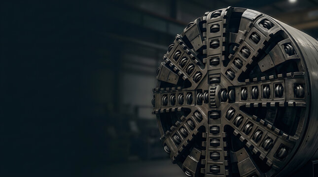 Tunnel boring machine cutter head, a massive industrial drill bit used for subway and tunnel construction in a dark factory environment.