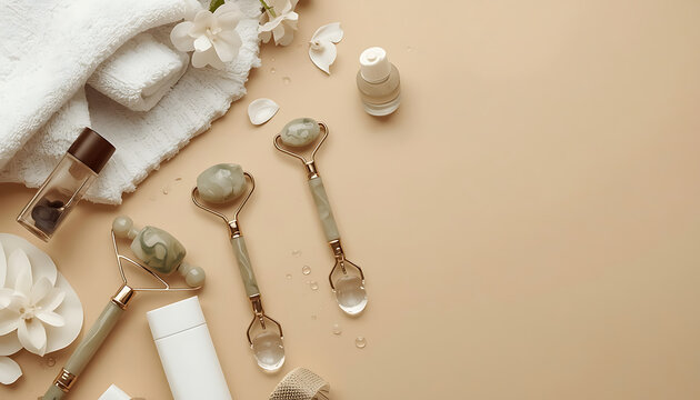 Jade rollers and skincare products on beige background with white towels