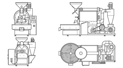 Obraz premium Coffee roaster machine technical drawing blueprint with front side back and top views CAD line art vector illustration