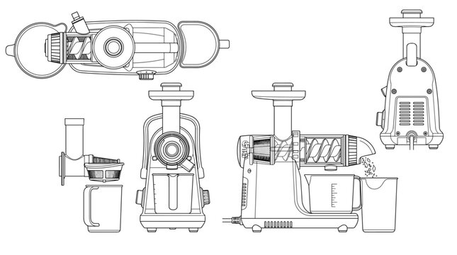 Cold press juicer appliance technical drawing blueprint with front side back and top views CAD line art vector illustration