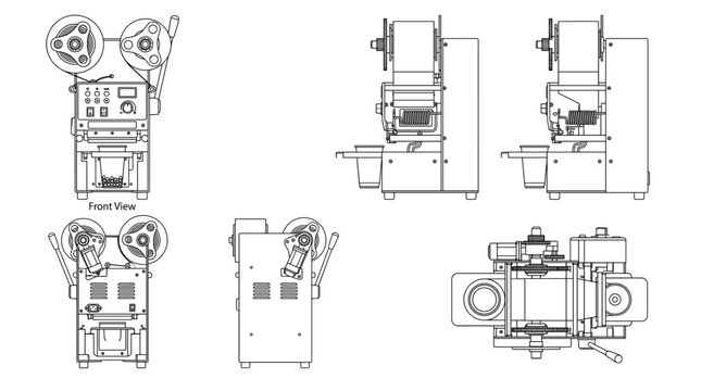 Bubble tea sealer machine technical drawing blueprint with front side back and top views CAD line art vector illustration