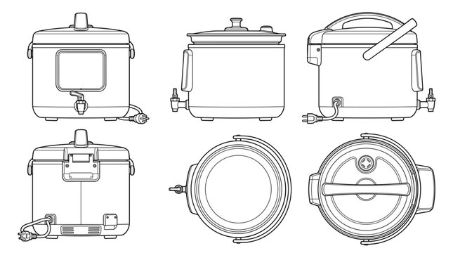 Bubble tea cooker appliance technical drawing blueprint with front side back and top views CAD line art vector illustration