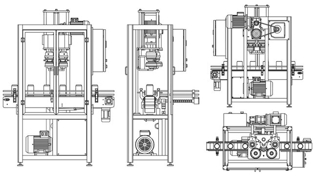 Can seamer machine technical drawing blueprint with front side back and top views CAD line art vector illustration