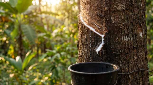 Close-up of natural rubber tree tapping with white latex dripping into a collection cup in a tropical plantation