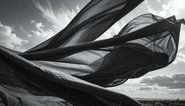 Flowing fabric in black and white against sky
