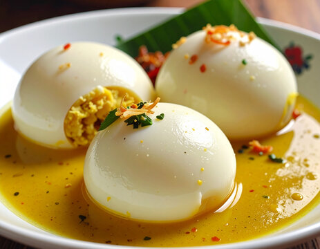 Deviled eggs with spicy sauce on a plate