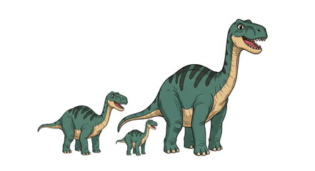 Three green dinosaurs of different sizes illustration. © ynt
