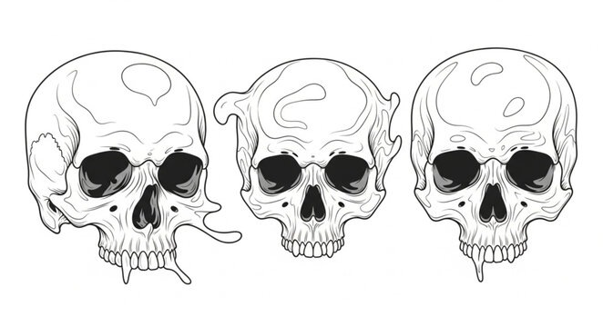 Three human skulls drawn in a vintage illustrative style.