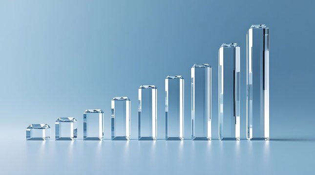 Clear glass bar graph showing upward trend on light blue background.