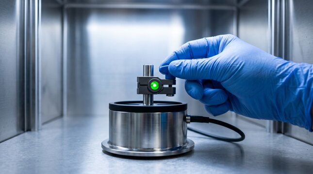 Gloved hand operating precision microscope device with green indicator in modern laboratory
