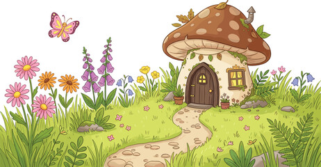 Whimsical Magic Mushroom House Vector Illustration in an Enchanted Fairytale Garden Meadow with Colorful Flowers and a Flying Butterfly © Sohel