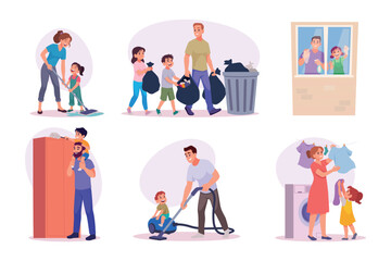 Fototapeta premium House cleaning vector. Parents and children tidying rooms, cleaning glass, mopping floors, carrying groceries, and caring for plants in exact design