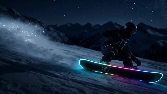 Futuristic Snowboarder Carving with RGB Glowing Edges - A snowboarder is dynamically carving down a snow-covered mountain at night.