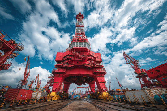 Massive red crane, a symbol of maritime industry, towers against a dynamic sky, suggesting constant shipyard activity