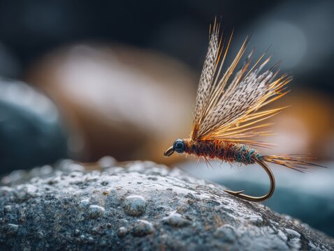 Close up of realistic nymph fly fishing lure with intricate hook and feather details, resting on wet stones near a mountain stream in natural daylight