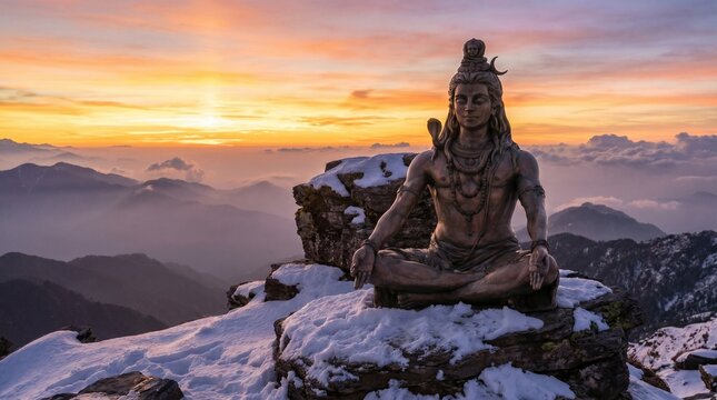 Lord Shiva bronze statue meditating on a snow covered mountain peak at sunset