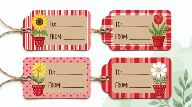 Charming Red and Pink Patterned Floral Gift Tags Set with Sunflower, Tulip, and Daisy Potted Plants for Gardeners and Spring Present Labels