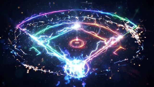 RGB Glowing Baseball Diamond Abstract Effect - An abstract baseball diamond is illuminated by vibrant RGB glowing lines and light particles on a dark, cosmic-like background.