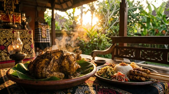 Indonesian Balinese Traditional Roasted Chicken Ayam Betutu with Rice and Sate Lilit Serving on Table